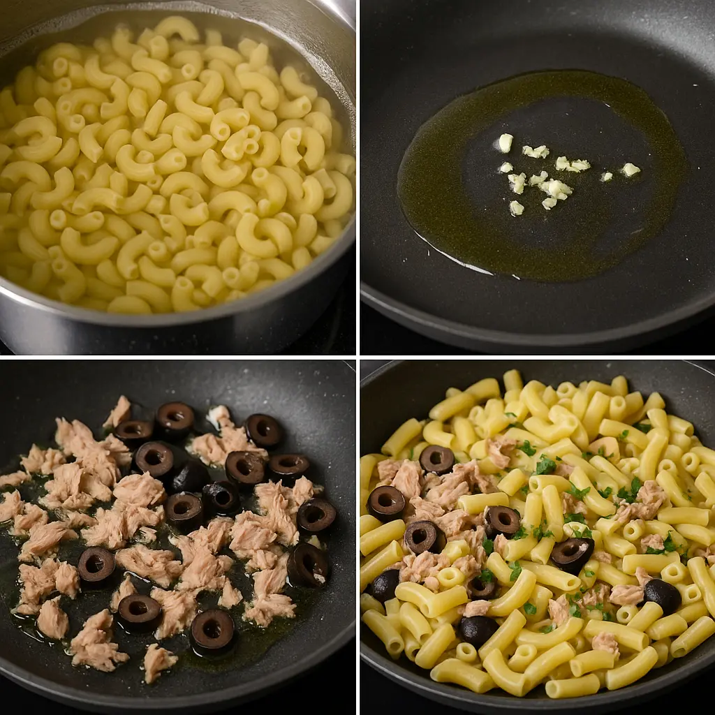 Četvorodelna fotografija pripreme paste sa tunjevinom i maslinama – kuvanje makarona, proprženi beli luk, dodavanje tunjevine i maslina, završno mešanje sa začinima.