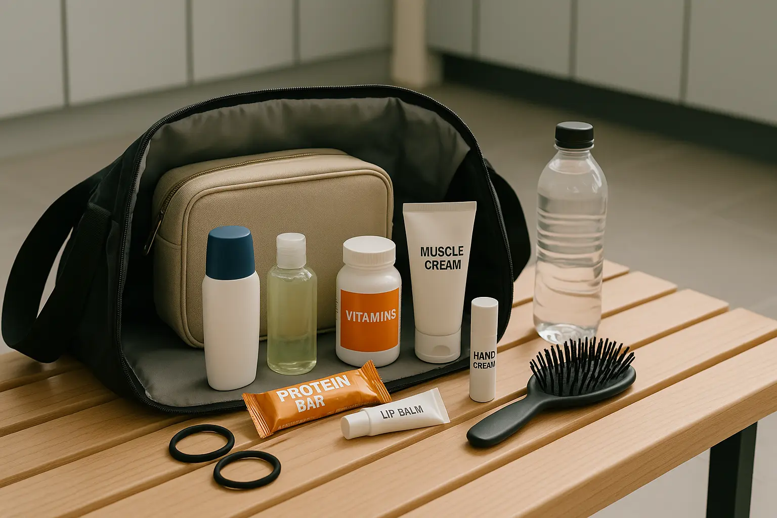 Organizovan neseser sa kozmetikom i opremom za teretanu na klupi.