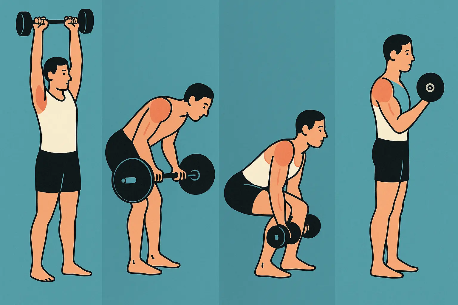 Edukativna ilustracija split treninga koja prikazuje četiri figure u različitim vežbama – potisak iznad glave, veslanje, čučanj i biceps pregib, simbolično predstavljajući podelu treninga po mišićnim grupama.