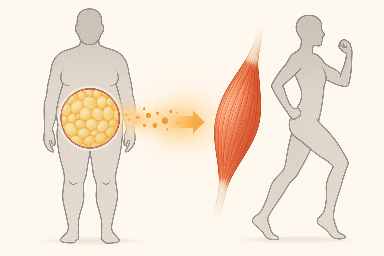 ilustracija procesa sagorevanja masti u telu – prelazak masnog tkiva u energiju i aktivan mišić.