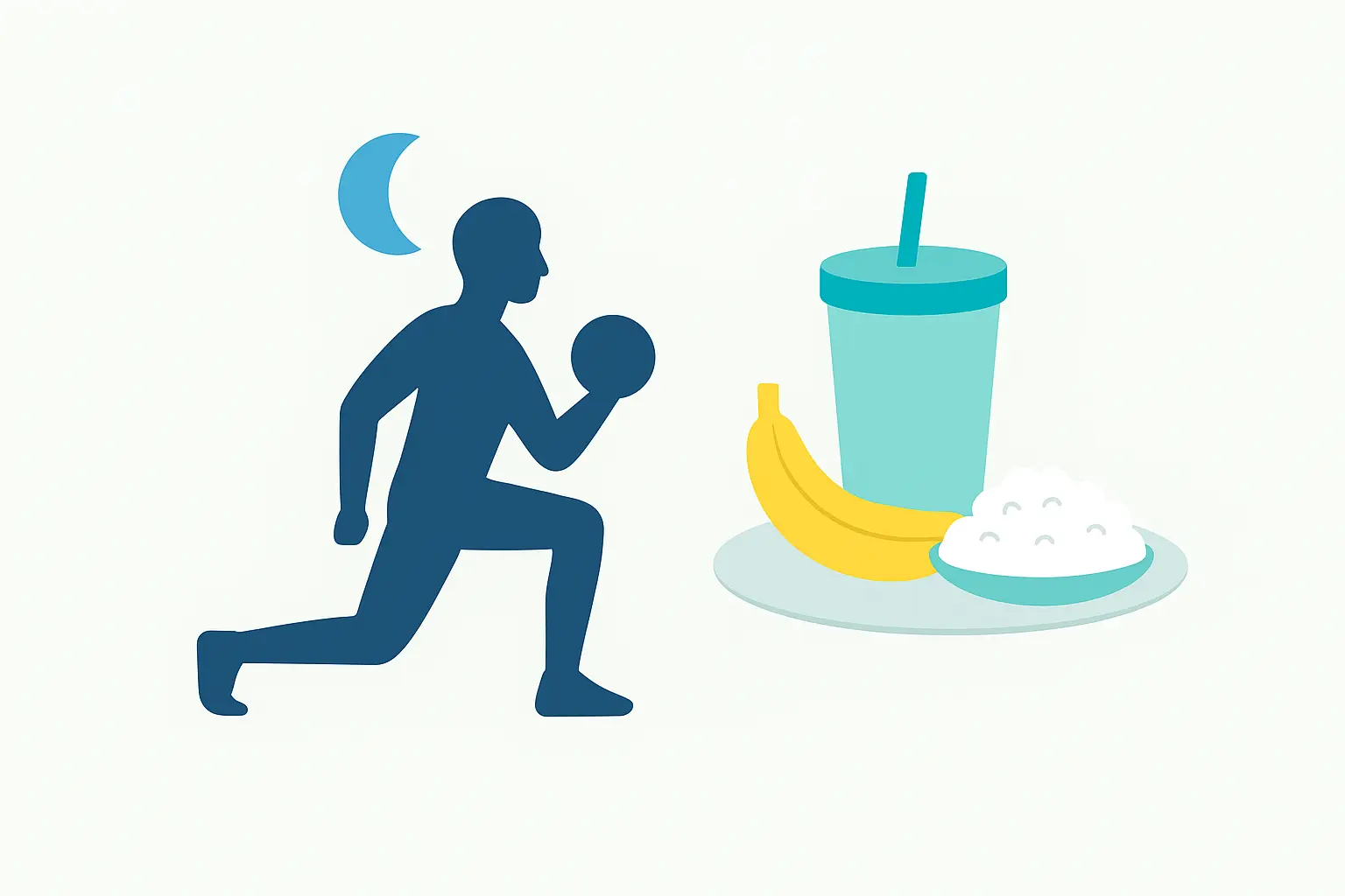 Minimalistička infografika koja prikazuje osobu u treningu i tanjir sa laganim obrokom, simbolizujući kasnu ishranu nakon večernjeg treninga.