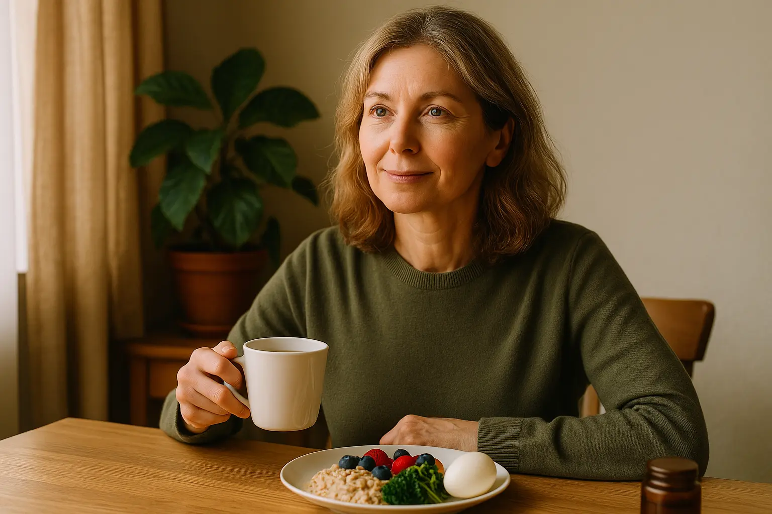 Žena u pedesetim sedi za stolom uz zdrav doručak i šolju čaja u toplom jutarnjem ambijentu doma.