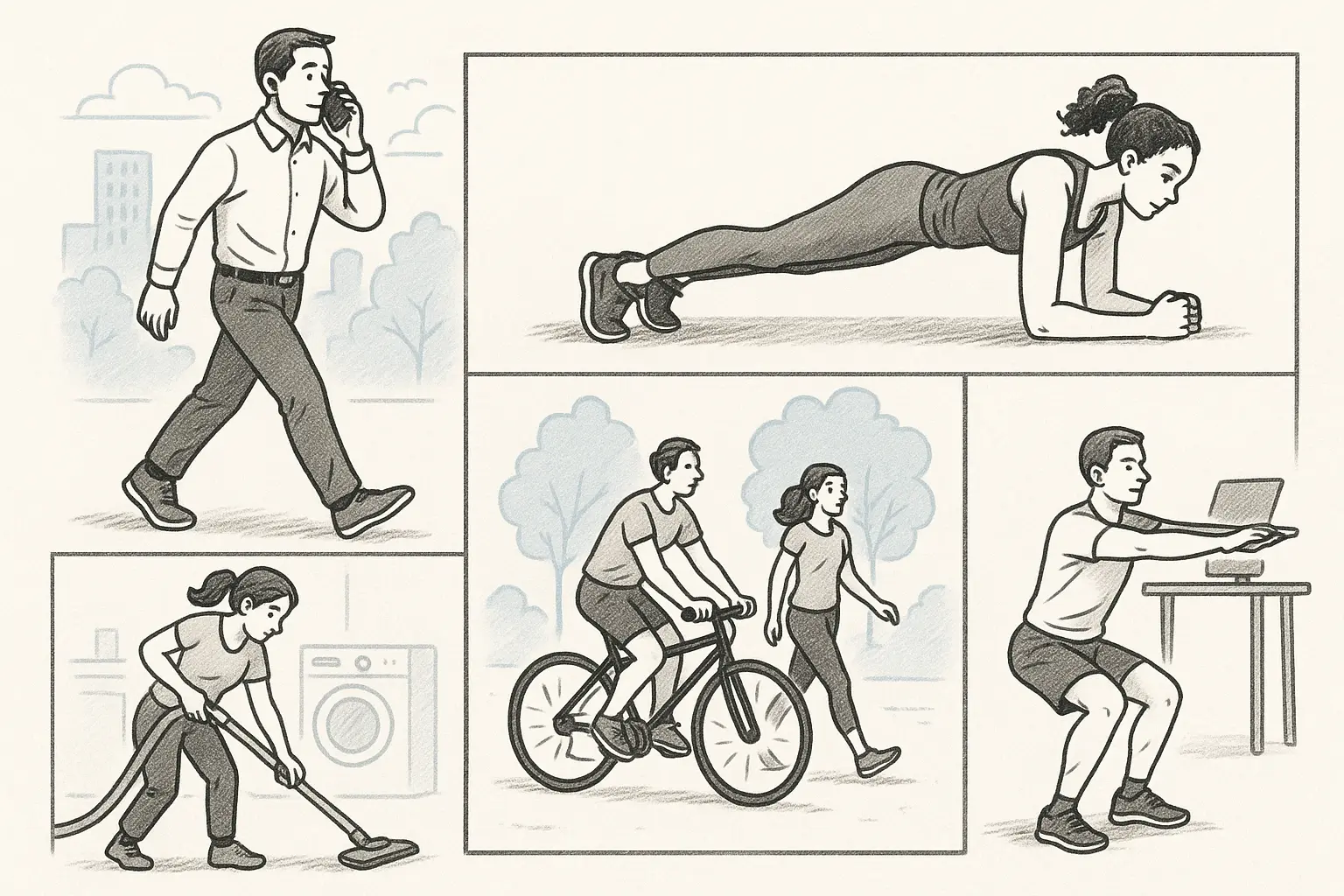 Ilustracija u stilu crteža koja prikazuje pet načina da se sagore više kalorija bez dodatnog vremena u teretani – hodanje dok se razgovara telefonom, plank vežba, usisavanje stana, šetnja i vožnja bicikla u parku, te čučnjevi uz stojeći sto.