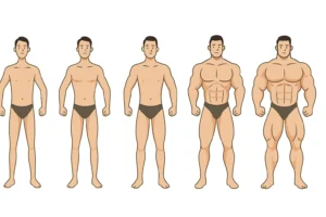 Ilustracija muške transformacije kroz pet faza, od mršavog do mišićavog tela, prikazujući napredak kroz trening.