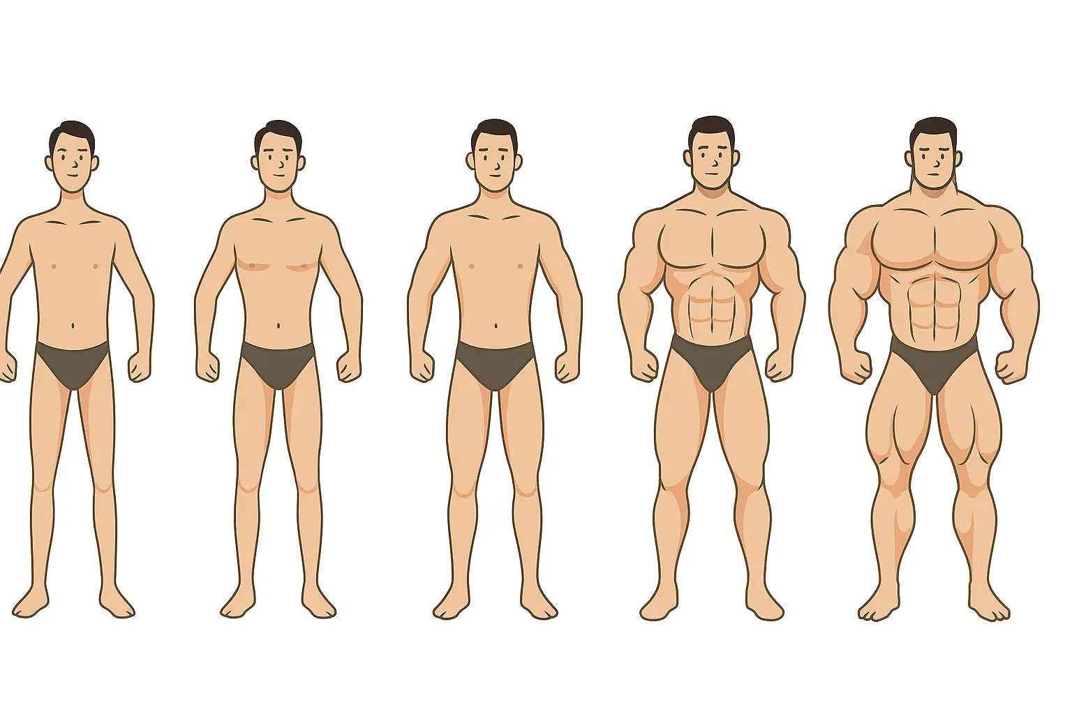 Ilustracija muške transformacije kroz pet faza, od mršavog do mišićavog tela, prikazujući napredak kroz trening.
