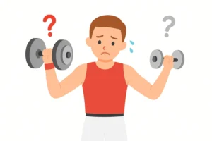 Ilustracija vežbača koji se dvoumi između previše i premalo treninga, prikaz opterećenja i dileme o pravilnoj količini vežbanja.