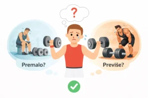 Ilustracija vežbača koji se dvoumi između premalog i prevelikog broja serija po mišićnoj grupi tokom nedeljnog treninga.