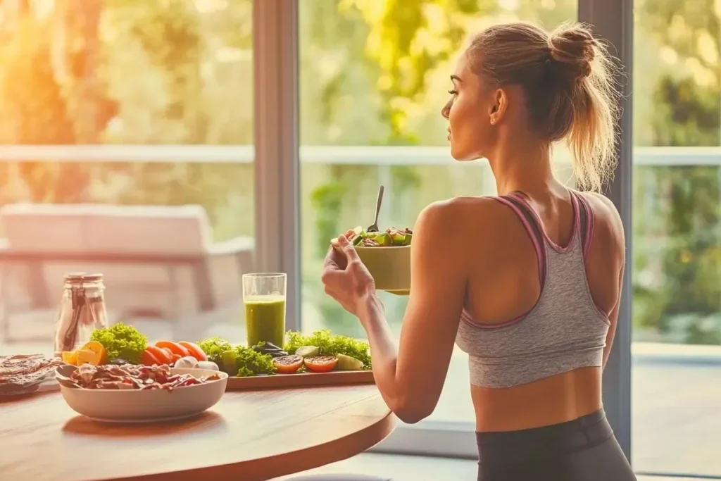 Žena u sportskom outfitu sedi za stolom sa zdravim obrokom, uključujući salatu, sok i voće, razmatrajući svoj plan ishrane