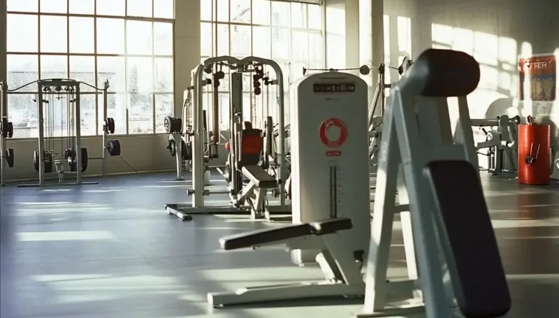 Prazna teretana sa fitnes spravama osvetljena jutarnjim suncem – prednosti jutarnjeg treninga