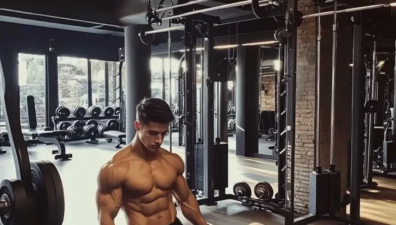 Mišićav mladić trenira u modernoj teretani – prednosti popodnevnog treninga i snaga mišića