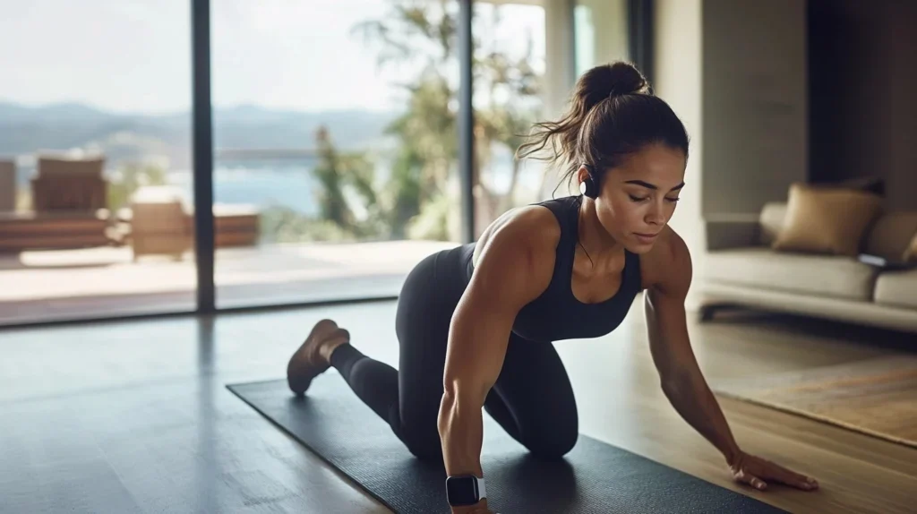 Žena izvodi kardio vežbu kod kuće bez opreme, fokusirana na trening u modernom prostoru.