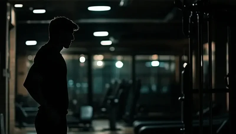 Silueta muškarca u teretani noću – prednosti i uticaj večernjeg treninga na san.