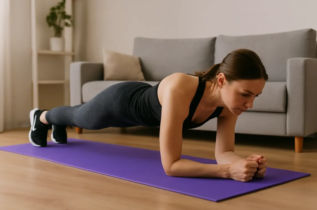 Žena u sportskoj opremi radi plank vežbu na ljubičastoj prostirci u dnevnoj sobi.