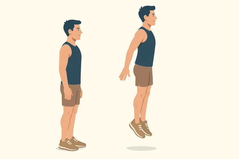 Ilustracija vežbe skokovi sa mesta (plyometric calf raises), muškarac stoji uspravno i potom eksplozivno skače uvis sa podizanjem na prste, fokus na aktivaciju listova i snagu doskoka.