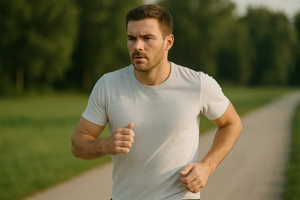 Muškarac trči u prirodi tokom jutarnjeg treninga na prazan stomak.