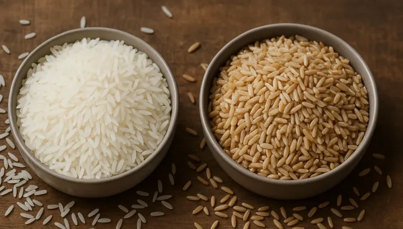 Uporedni prikaz integralnog i belog pirinča u dve činije – bogat izvor energije za sportiste i vežbače.