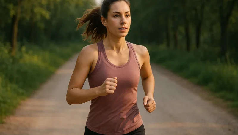 Žena trči u prirodi tokom jutarnjeg kardio treninga na prazan stomak.