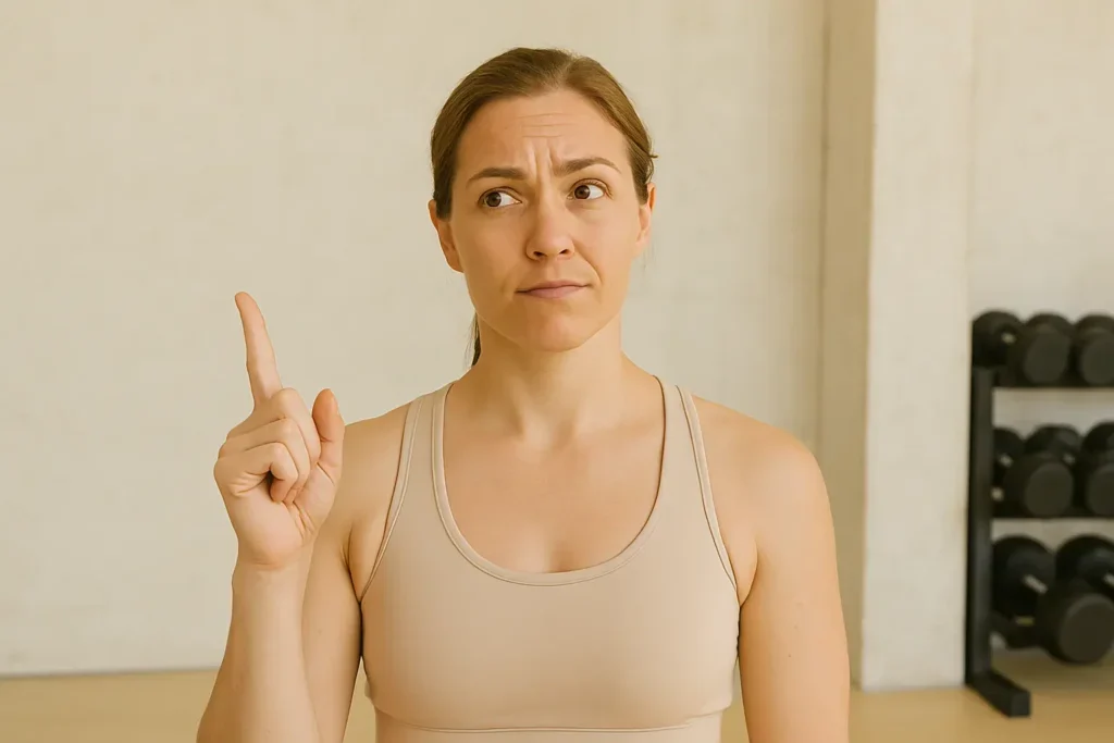 Fitnes trenerka sa skeptičnim izrazom lica u teretani – ilustracija za tekst o 10 najčešćih mitova o fitnesu.