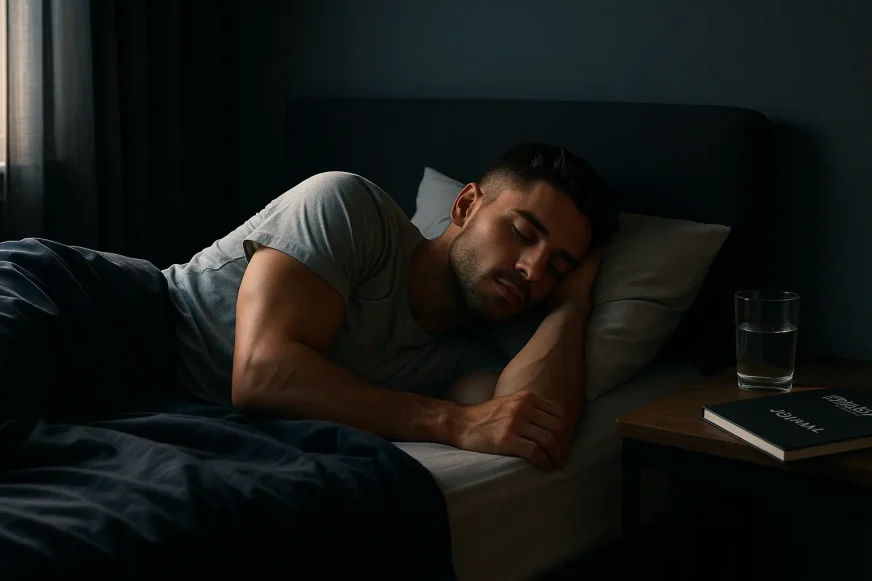 Muškarac u dubokom snu, ilustruje važnost sna za mišićni rast, oporavak i sagorevanje masti.