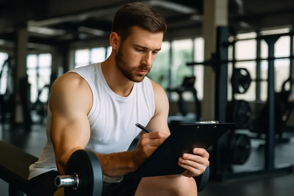 Trener u teretani zapisuje plan treninga kao deo praćenja progresivnog opterećenja.