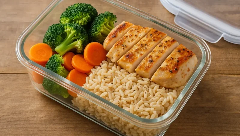 Grilovana piletina, pirinač, brokoli i šargarepa u kutiji – obrok za mišićnu masu.