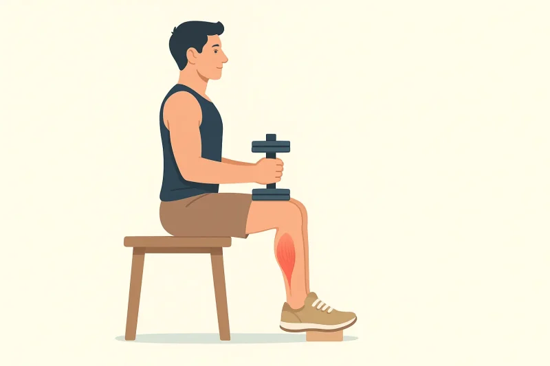 podizanje-na-prste-sedeći Ilustracija vežbe podizanja na prste sedeći, muškarac sedi na klupi sa bučicom na butini, pete se podižu od poda, naglašen rad mišića lista (soleus), kontrolisan pokret za razvoj donjeg dela listova.