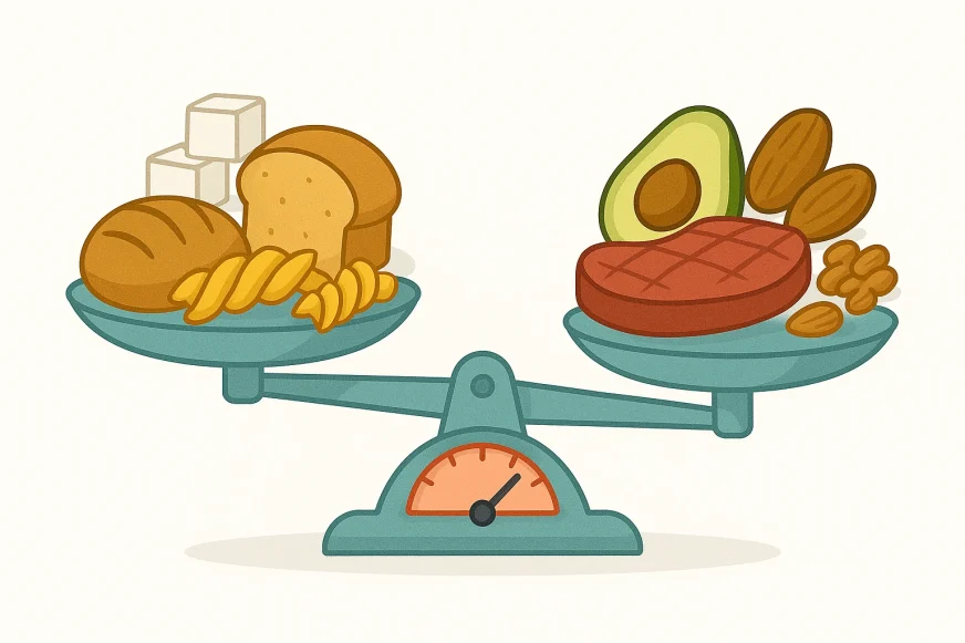 Ilustracija vage sa ugljenim hidratima (hleb, testenina, šećer) na jednoj strani i proteinima i mastima (avokado, meso, orašasti plodovi) na drugoj – simbol balansiranja ishrane bez ugljenih hidrata.