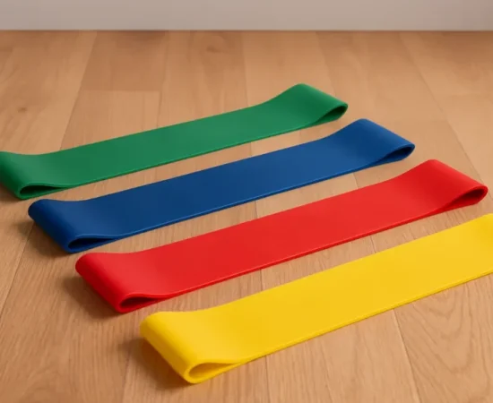 Set od četiri elastične trake u različitim bojama za vežbanje kod kuće.