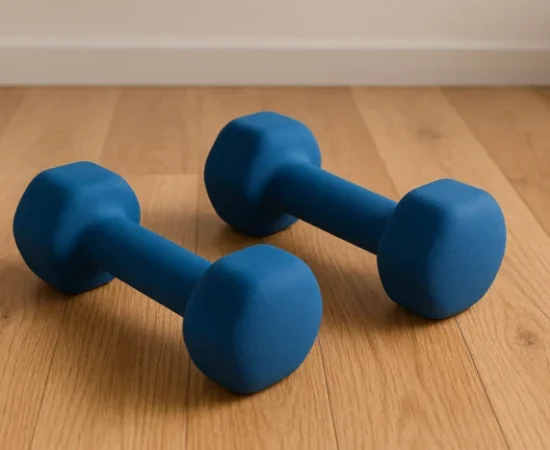 Dva plava jednoručna tega na drvenom podu, pogodna za kućni trening.