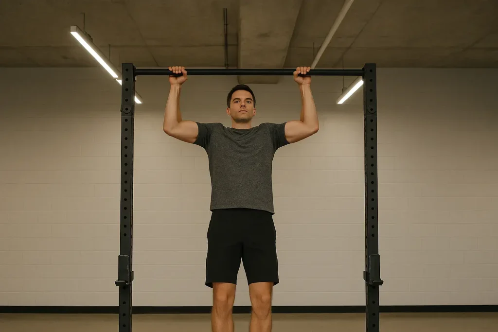 Muškarac se priprema da uradi prvi zgib na šipci u teretani.