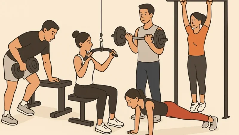 Ljudi u teretani rade vežbe za leđa, bicepse i gornji deo tela.