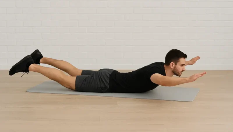 Muškarac demonstrira Superman vežbu na prostirci, podižući ruke, grudi i noge sa poda u kućnom trening okruženju.