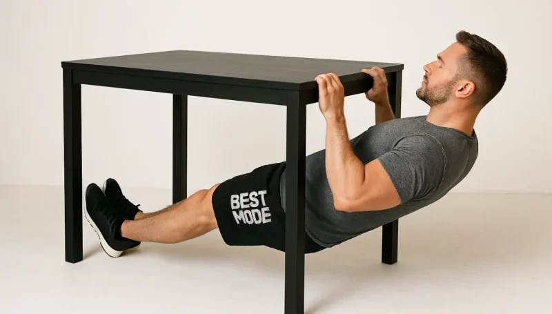 Muškarac u sportskoj odeći demonstrira vežbu veslanja u pretklonu koristeći ranac kao teg.