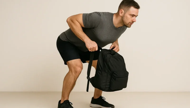 Muškarac u sportskoj odeći demonstrira vežbu veslanja u pretklonu koristeći ranac kao teg.