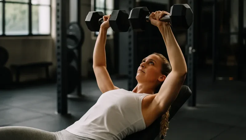 Žena izvodi potisak bučicama na kosoj klupi, prikaz primene progresivnog opterećenja u treningu gornjeg dela tela.