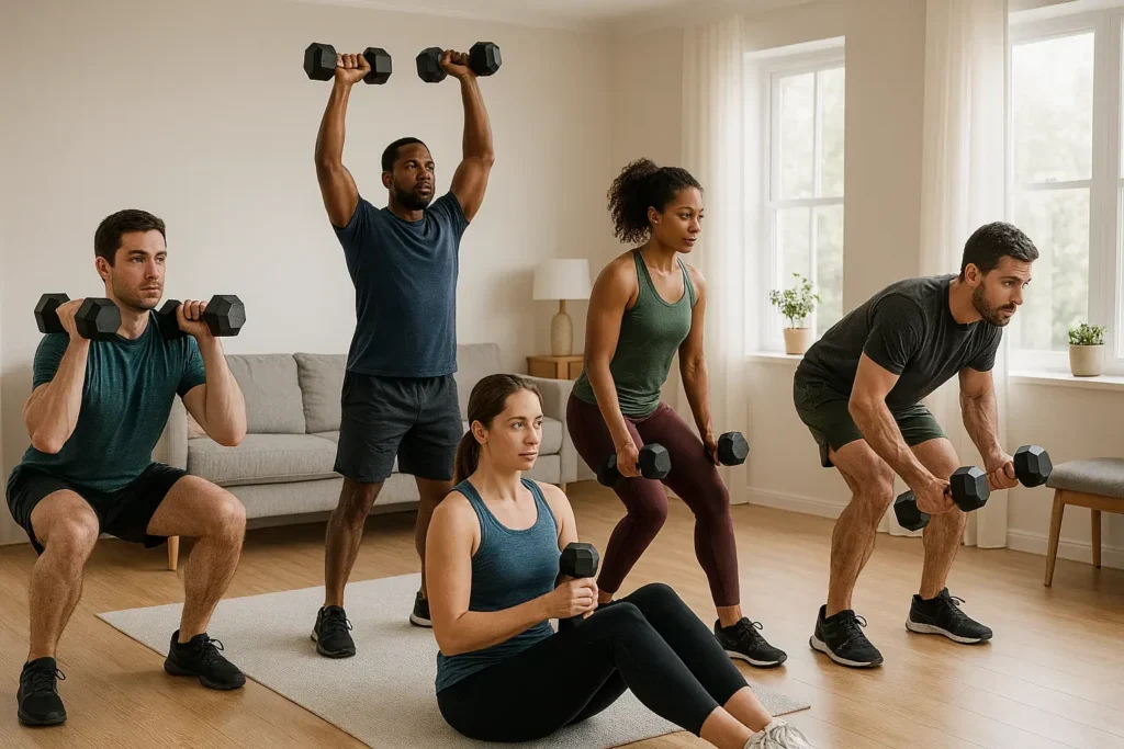 Grupa ljudi u dnevnoj sobi izvodi vežbe sa bučicama – čučnjevi, potisci, veslanje, trbušnjaci i iskoraci – primer funkcionalnog treninga za celo telo kod kuće.