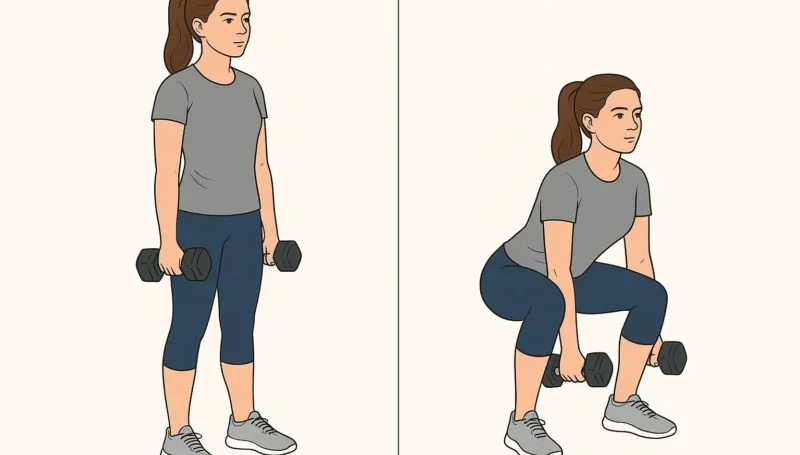 Vežba čučanj sa bučicama – žena demonstrira pravilnu tehniku za jačanje nogu i gluteusa, idealno za kućni trening celog tela.