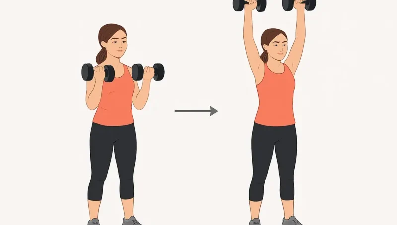 Potisak bučicama iznad glave – žena izvodi vežbu za ramena i ruke, idealna za jačanje gornjeg dela tela u kućnom treningu.