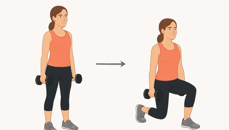 Iskorak sa bučicama – žena prikazuje vežbu za noge i gluteuse, odlična za oblikovanje donjeg dela tela tokom kućnog treninga.