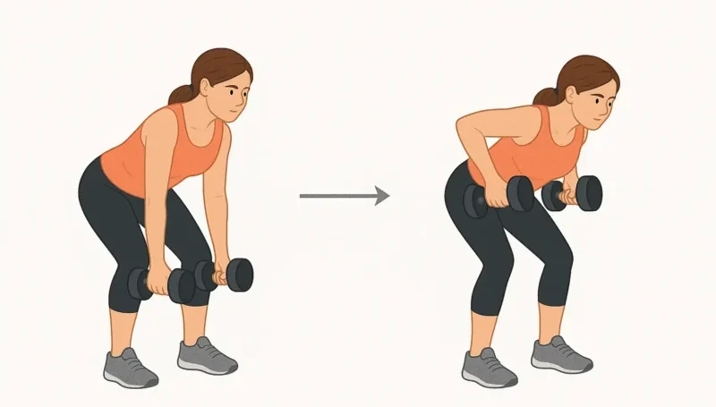 Veslanje sa bučicama u pretklonu – žena demonstrira vežbu za leđa i biceps, pogodnu za kućni trening i jačanje gornjeg dela tela.