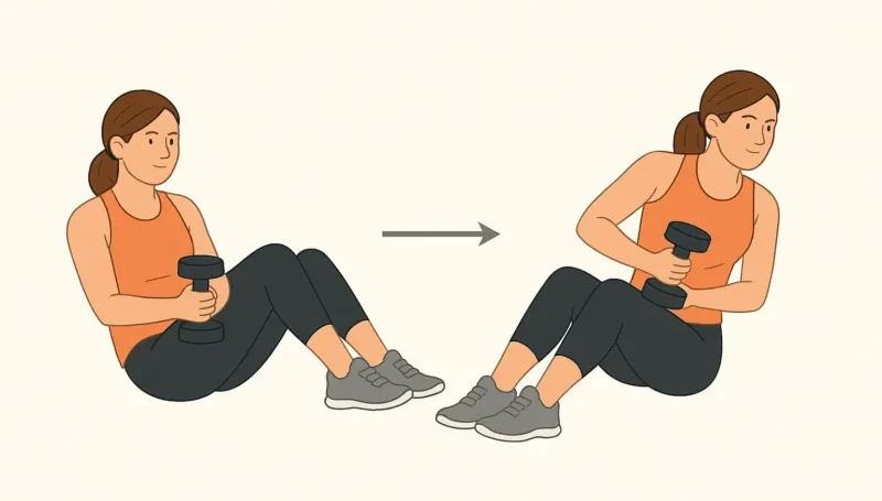 Russian Twist sa bučicom – žena izvodi vežbu za stomak i core mišiće, odlična za jačanje trupa i rotacione stabilnosti tokom kućnog treninga.