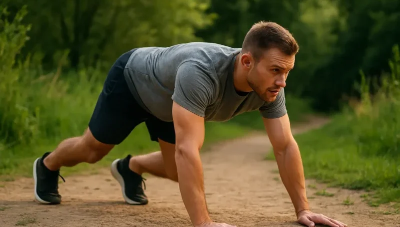 Bear crawl vežba za celo telo na otvorenom.