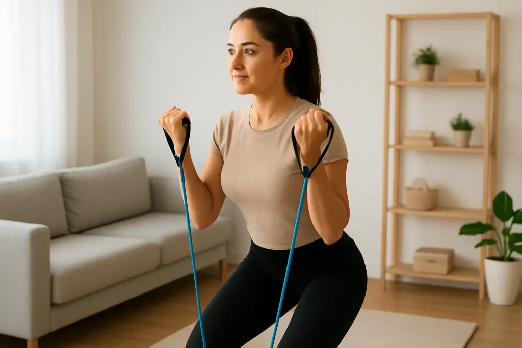 Žena izvodi vežbe sa elastičnom trakom u dnevnoj sobi, držeći krajeve trake dok stoji u čučnju – idealno za kućni trening za početnike.