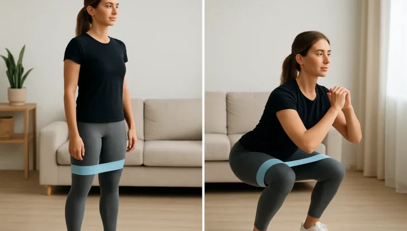 Žena izvodi čučnjeve sa elastičnom trakom oko nogu – prikaz početnog i završnog položaja vežbe za jačanje nogu i gluteusa kod kuće.