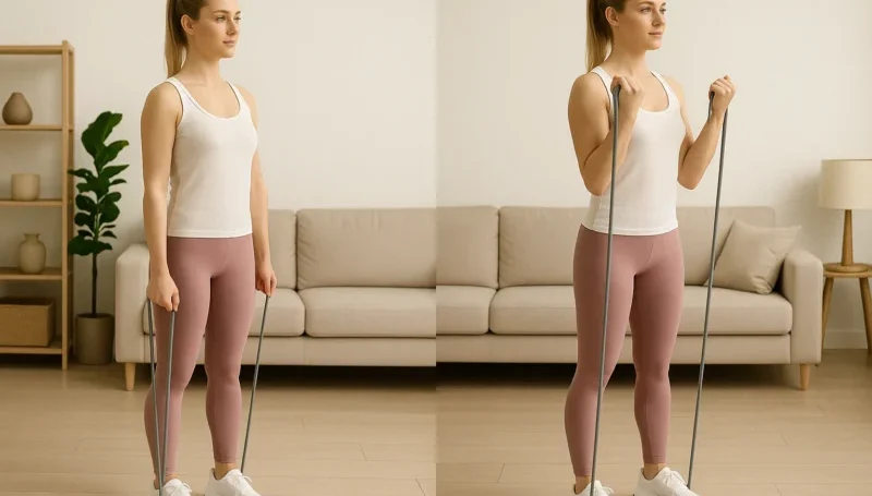 Žena demonstrira biceps pregib sa elastičnom trakom – prikaz početnog i završnog položaja vežbe za ruke u kućnim uslovima.