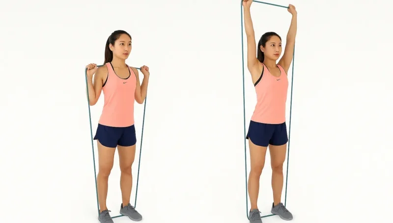 Žena izvodi rameni potisak sa elastičnom trakom – prikaz početnog i završnog položaja vežbe za ramena, stojeći na traci i podižući ruke iznad glave.