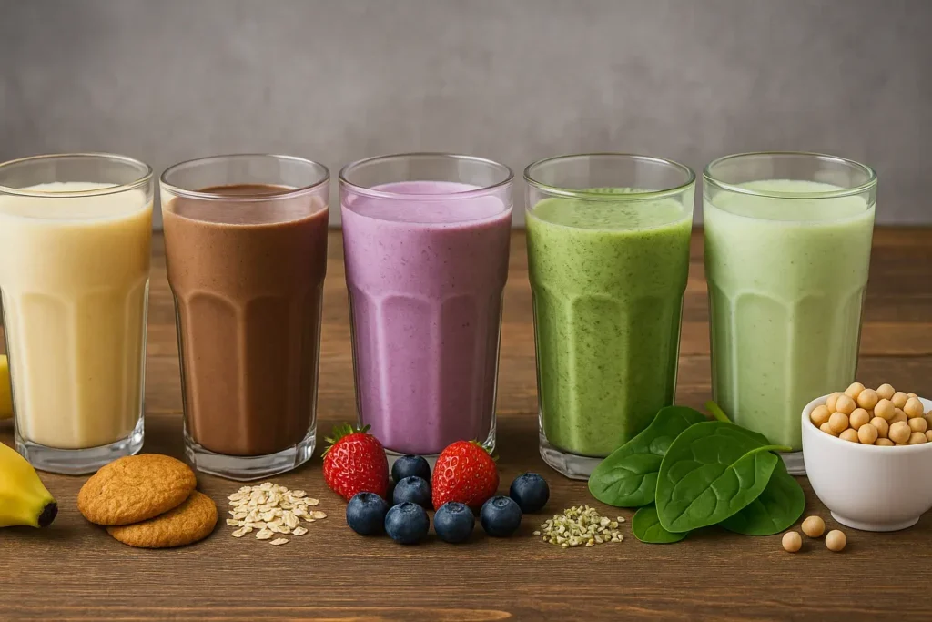 "Pet veganskih proteinskih šejkova u čašama – banana, čokolada, bobičasto voće, zeleni šejk sa spanaćem i šejk sa konopljinim proteinom, prikazani sa sastojcima na drvenoj podlozi.