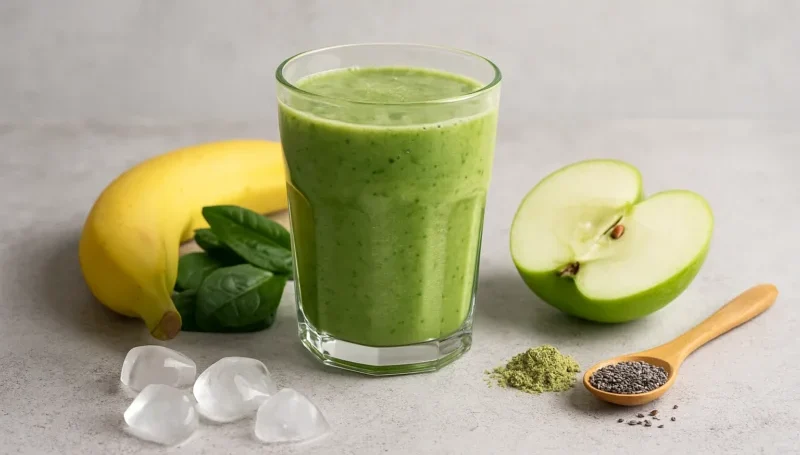 Zeleni veganski šejk sa bananom, spanaćem, zelenom jabukom, konopljinim proteinom i čia semenkama, poslužen u čaši sa sastojcima na svetloj podlozi.