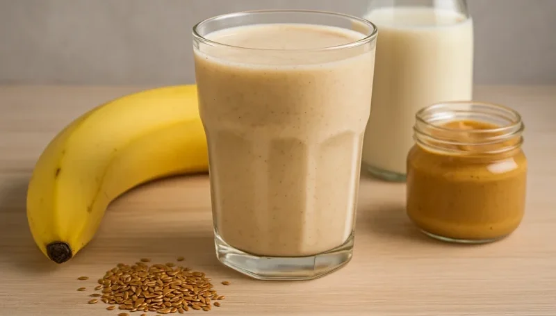 Veganski proteinski šejk sa bananom, sojinim mlekom, kikiriki puterom i lanenim semenom u čaši, prikazan pored sastojaka na svetloj drvenoj podlozi."