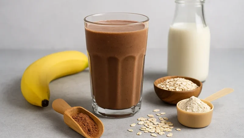 Čokoladni ovseni veganski šejk sa bananom, grašak proteinom, ovsenim pahuljicama i bademovim mlekom, prikazan u čaši uz sve sastojke na svetloj podlozi.